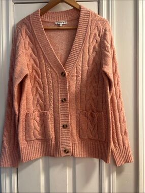 Cable-Knit V-Neck Cardigan in Pink